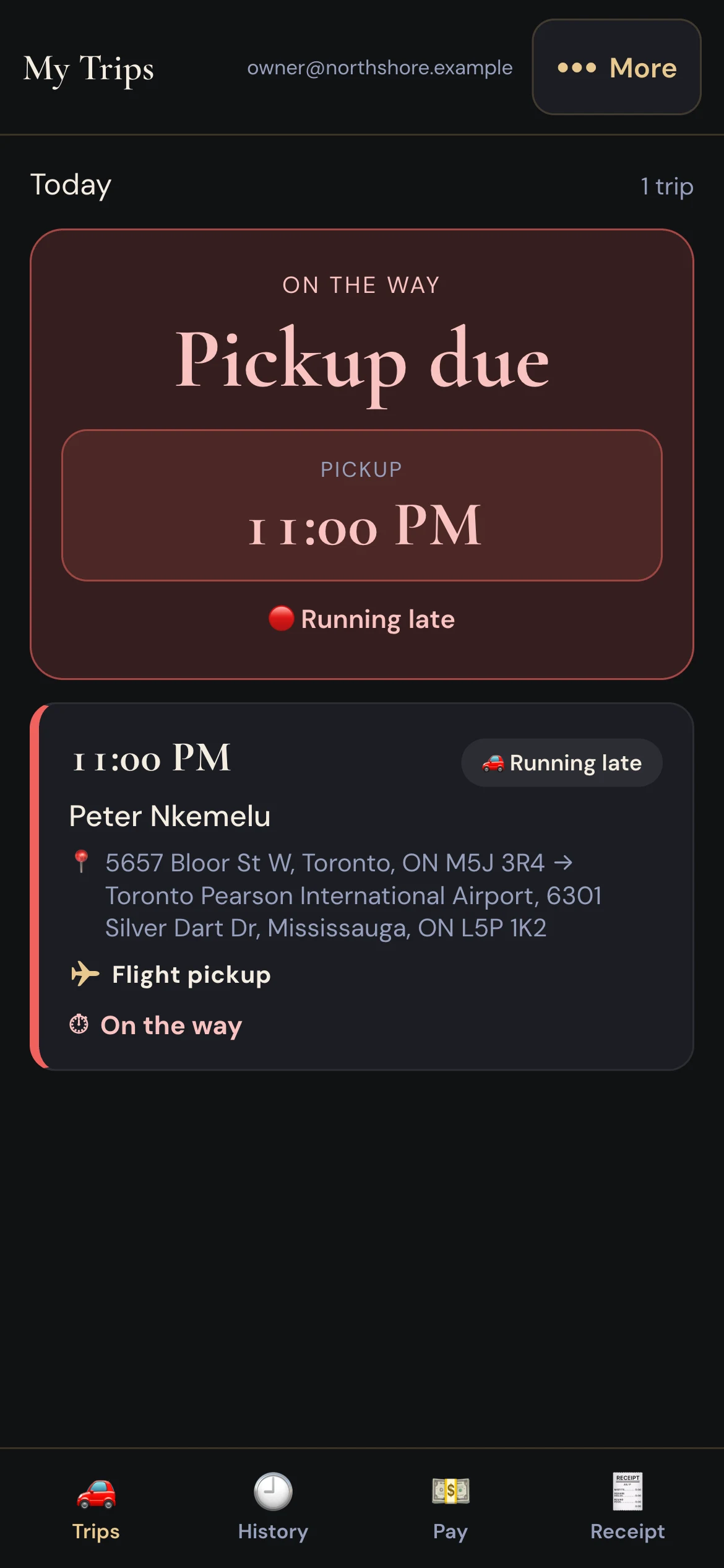 The driver app: today's trip with a red running-late banner, the pickup time, the passenger and the full route.