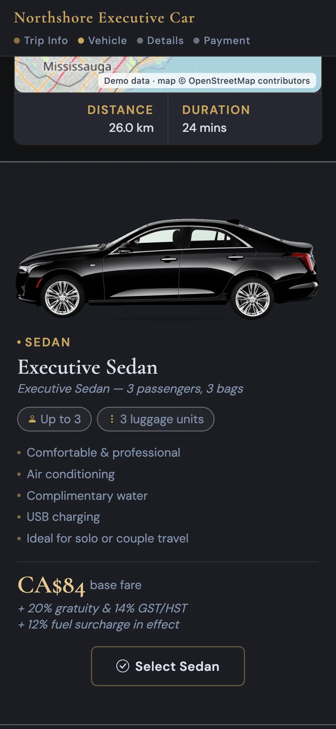 The booking portal on a phone: the route map, distance and duration, and the Executive Sedan card priced at CA$84.